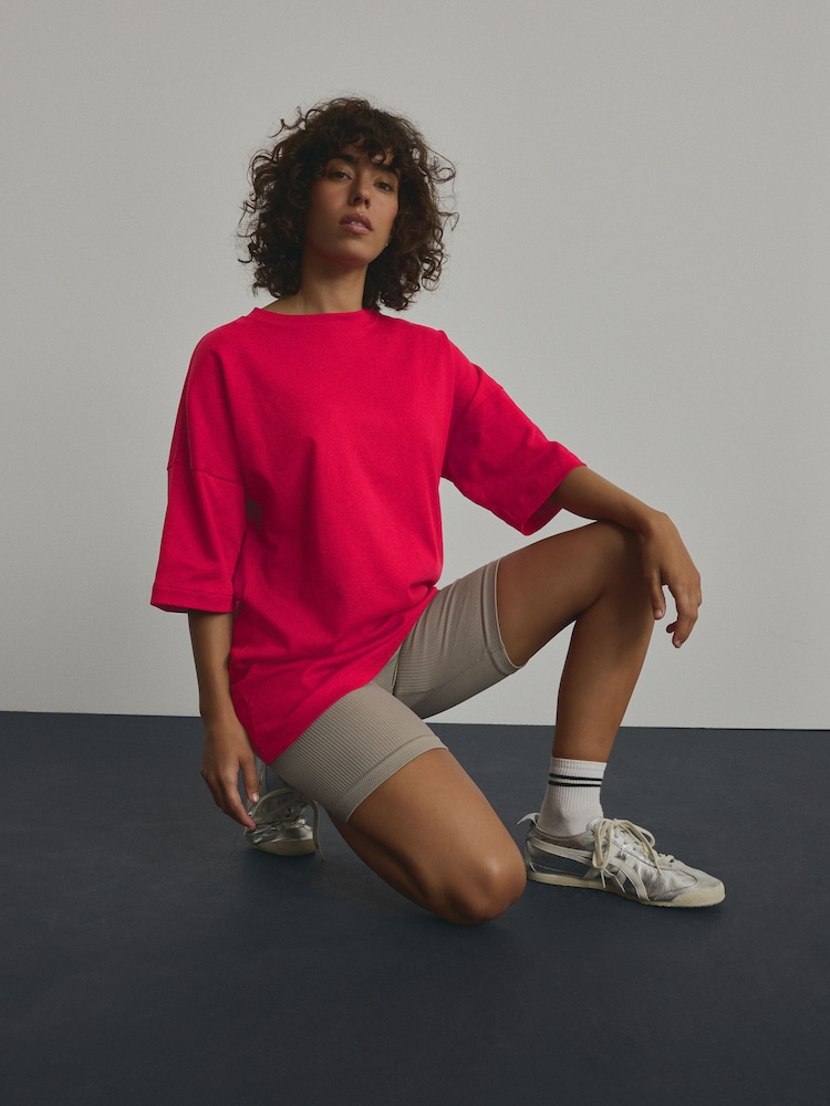 Red Oversized Relaxed Fit Boxy Heavyweight Crew Neck T-Shirt - Image 1 of 7