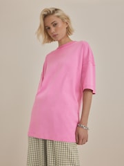 Bright Pink 100% Cotton Relaxed Fit Heavyweight Longline Crew Neck T-Shirt - Image 1 of 6