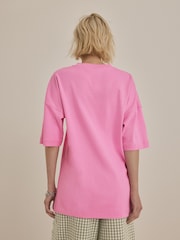 Bright Pink 100% Cotton Relaxed Fit Heavyweight Longline Crew Neck T-Shirt - Image 3 of 6