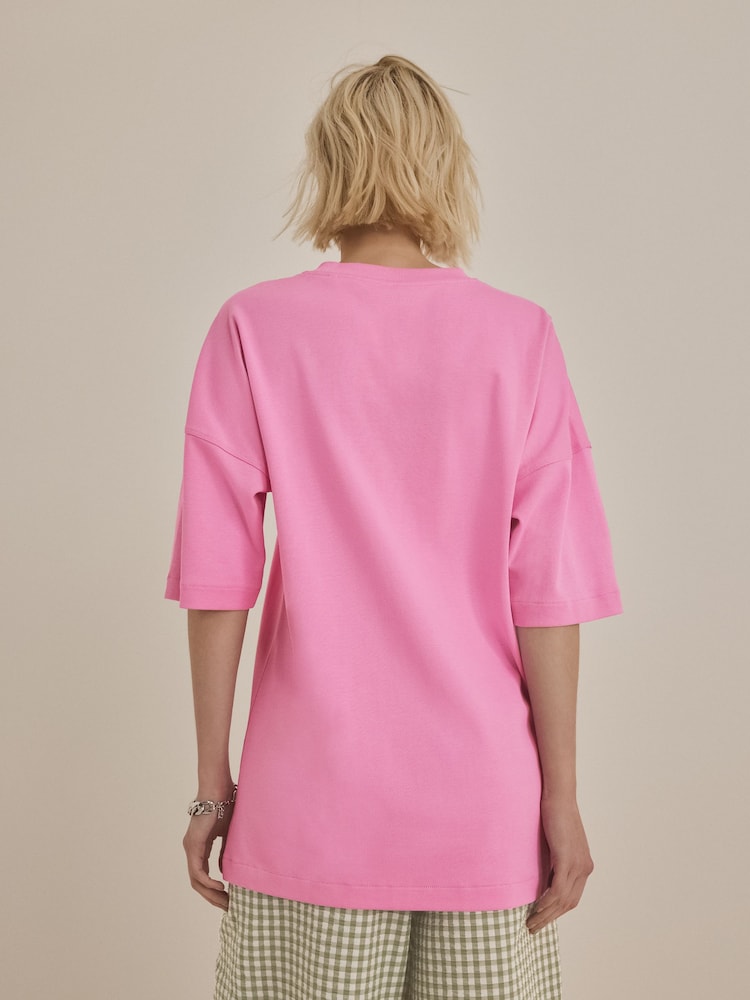 Bright Pink 100% Cotton Relaxed Fit Heavyweight Longline Crew Neck T-Shirt - Image 3 of 6