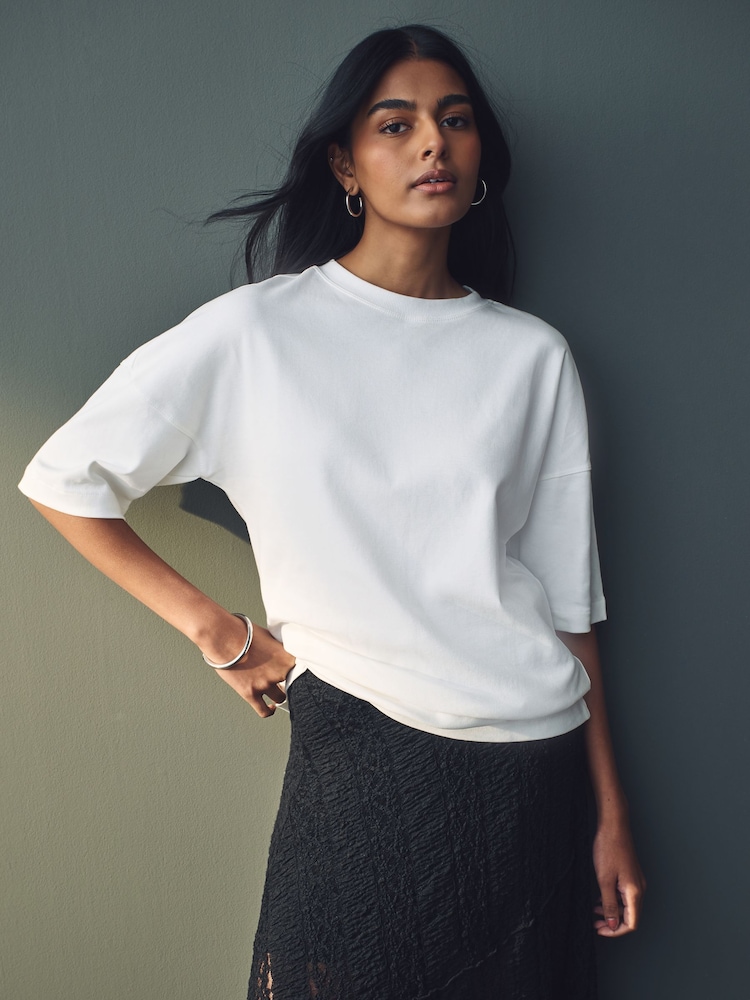 White 100% Cotton Relaxed Fit Heavyweight Longline Crew Neck T-Shirt - Image 1 of 7