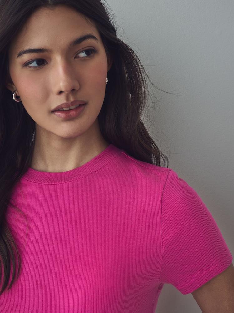 Raspberry Pink Soft Touch Ribbed Short Sleeve T-Shirt with TENCEL™ Lyocell - Image 4 of 7