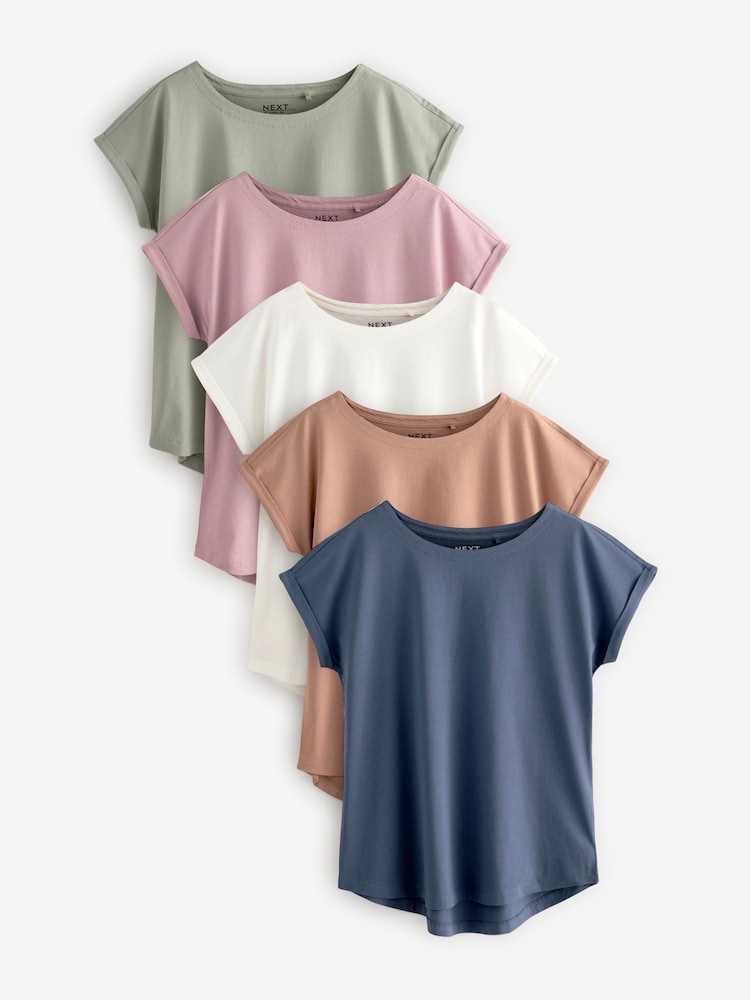 Ecru/Taupe/Brown/Blue/Yellow Cap Sleeve 100% Cotton T-Shirts 5 Pack - Image 1 of 12