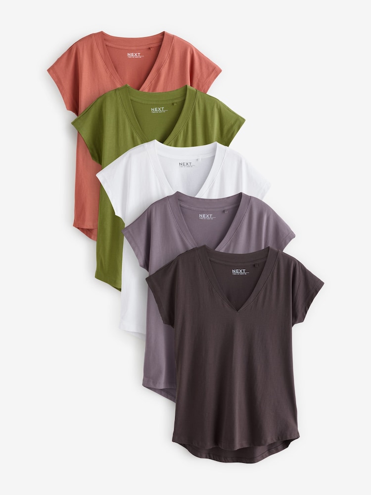 White/Grey/Khaki/Rust/Brown V-Neck Cap Sleeve 100% Cotton T-Shirts 5 Pack - Image 1 of 1