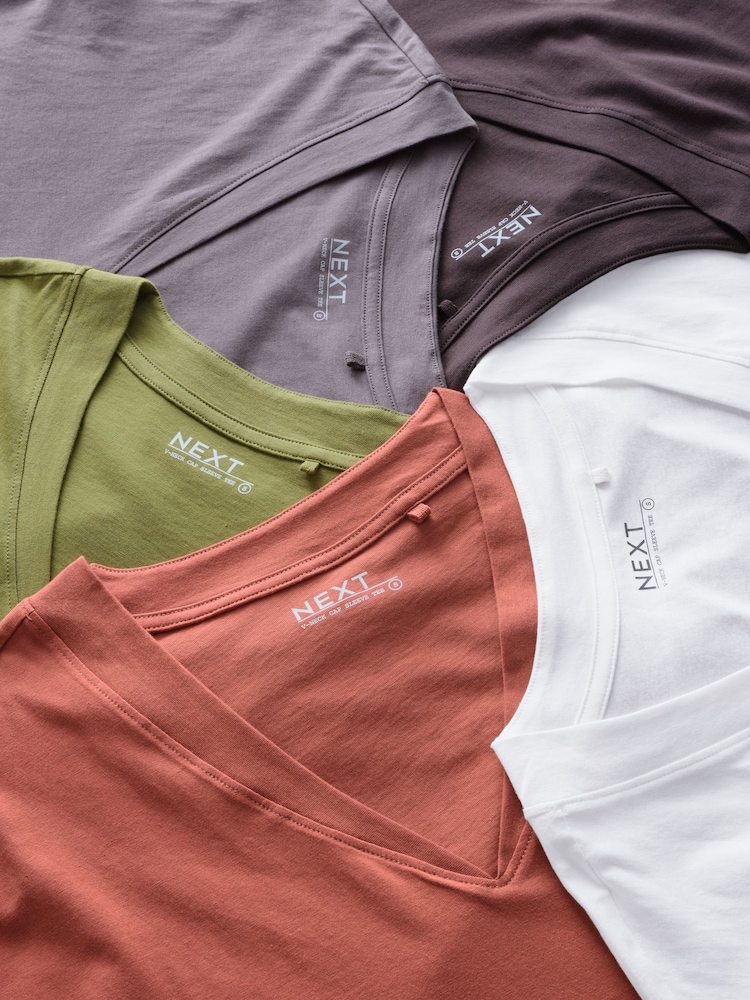 White/Grey/Khaki/Rust/Brown V-Neck Cap Sleeve 100% Cotton T-Shirts 5 Pack - Image 7 of 7