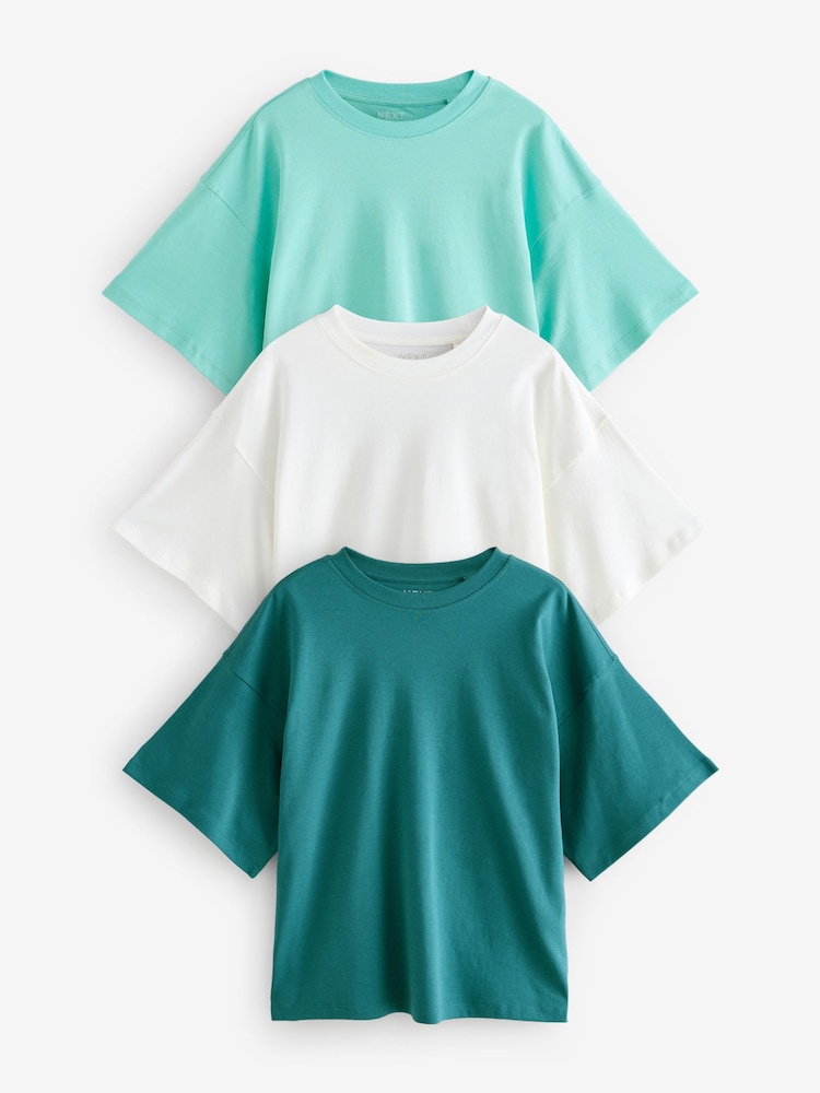 Teal/Ecru/Blue Boxy Oversized Relaxed Fit Heavyweight Crew Neck T-Shirt - Image 1 of 10