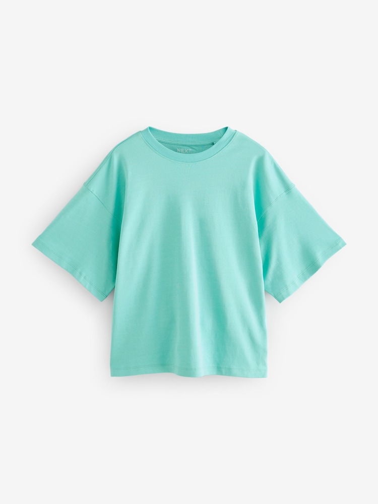 Bleu canard/Écru/Bleu - T-shirt boxy oversize décontracté épais à col rond - Image 6 of 10