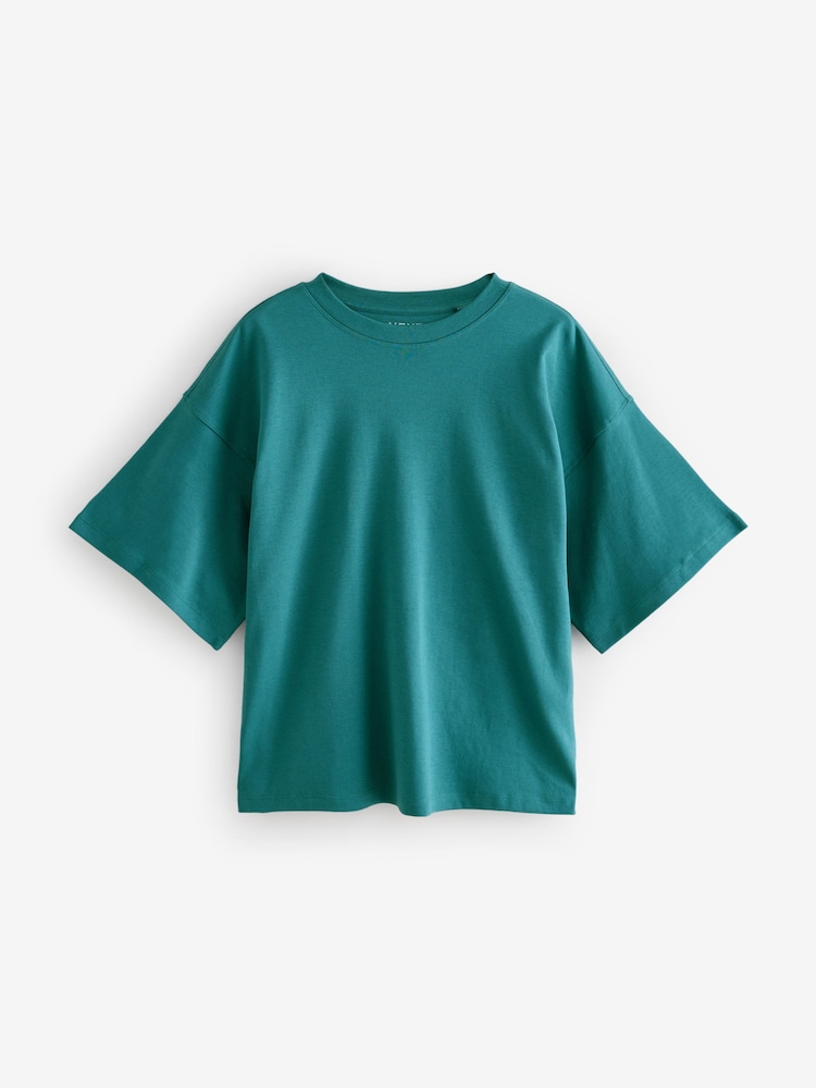 Bleu canard/Écru/Bleu - T-shirt boxy oversize décontracté épais à col rond - Image 7 of 10