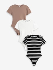 White/Brown/Monochrome Ribbed T-Shirt Bodysuits 3 Pack - Image 1 of 11