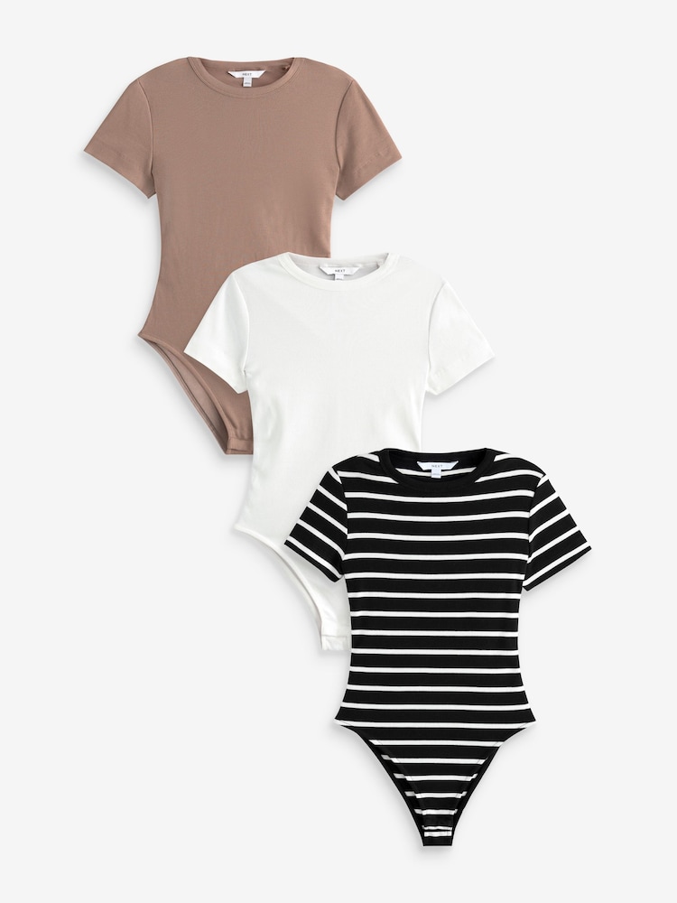 White/Brown/Monochrome Ribbed T-Shirt Bodysuits 3 Pack - Image 1 of 11
