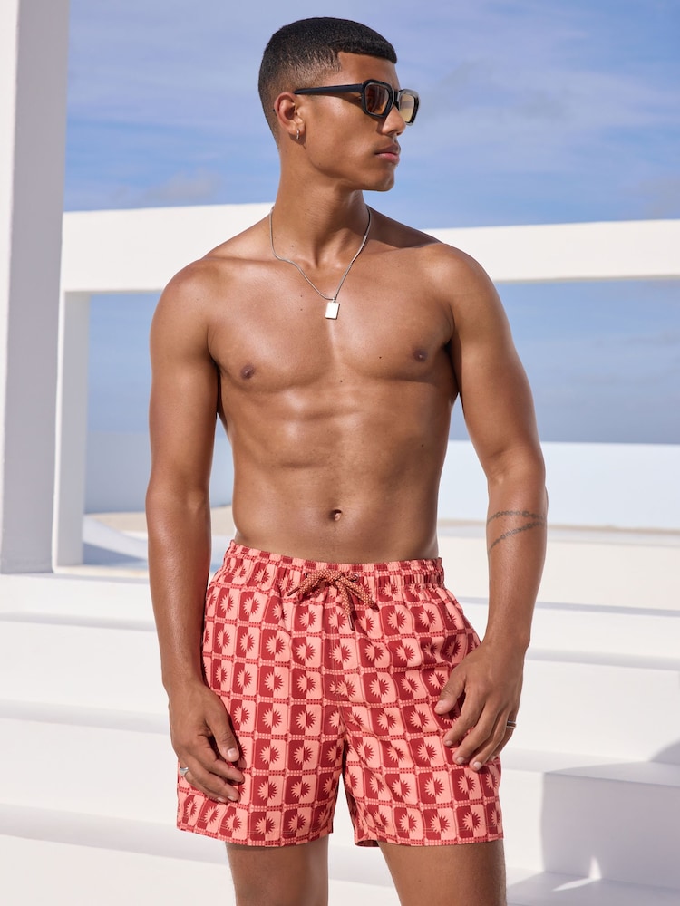 Coral Pink Sun Geometric Printed Swim Shorts - Image 5 of 11