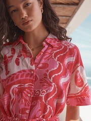 Pink Shell Print Short Sleeve Tie Waist Midi Dress with Linen - Image 4 of 8