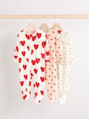Cream Heart Valentines Two Way Zip Baby 100% Cotton Sleepsuits 3 Pack (0-2yrs) - Image 1 of 12