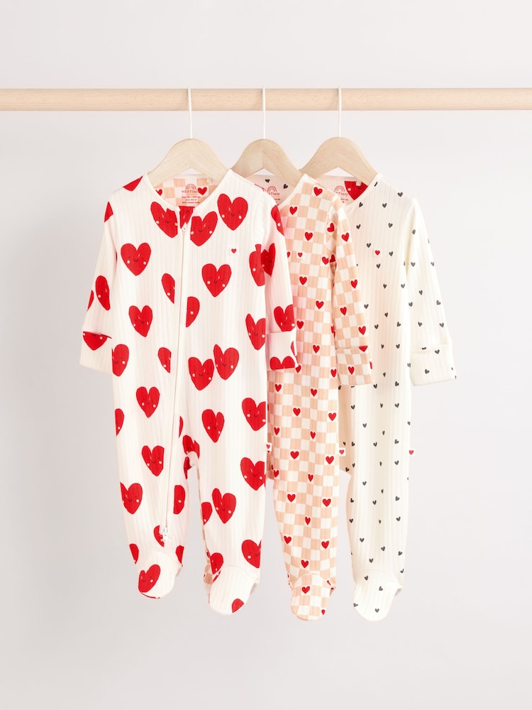 Cream Heart Valentines Two Way Zip Baby 100% Cotton Sleepsuits 3 Pack (0-2yrs) - Image 1 of 12