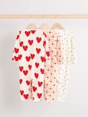 Cream Heart Valentines Two Way Zip Baby 100% Cotton Sleepsuits 3 Pack (0-2yrs) - Image 2 of 12