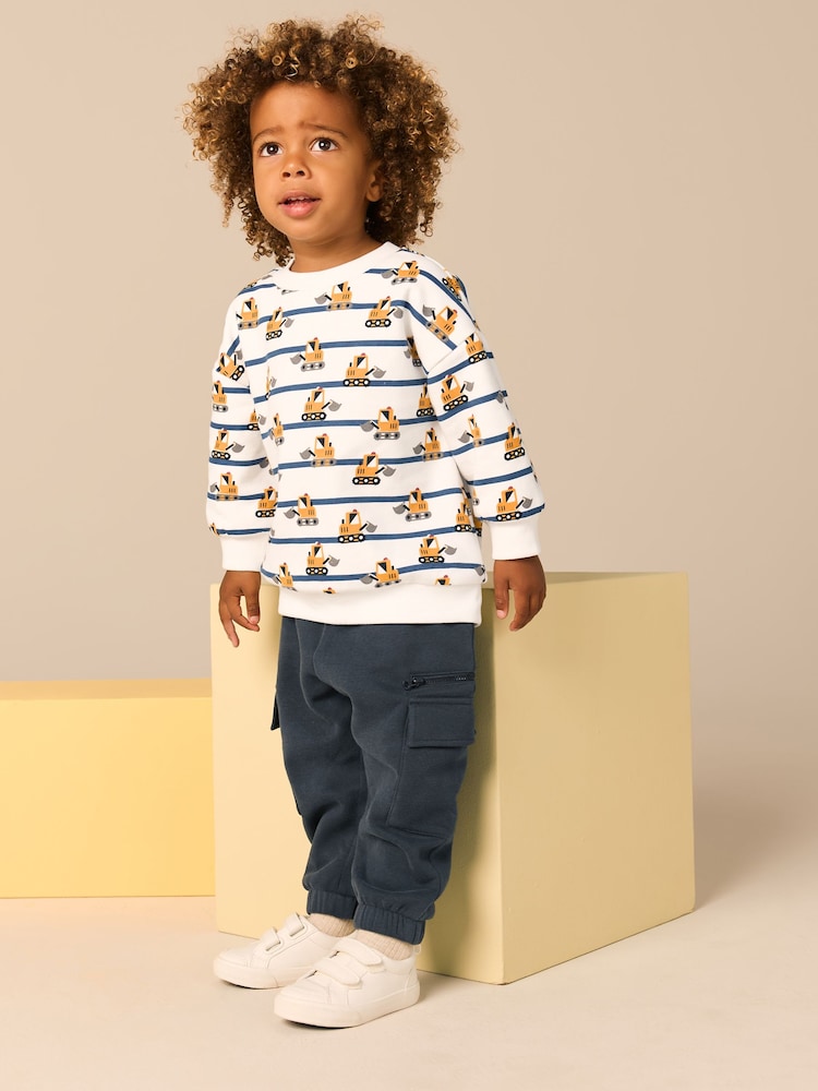 White and Navy Blue Striped Digger Sweatshirt and Utility Joggers 2 Piece Set (3mths-7yrs) - Image 1 of 9