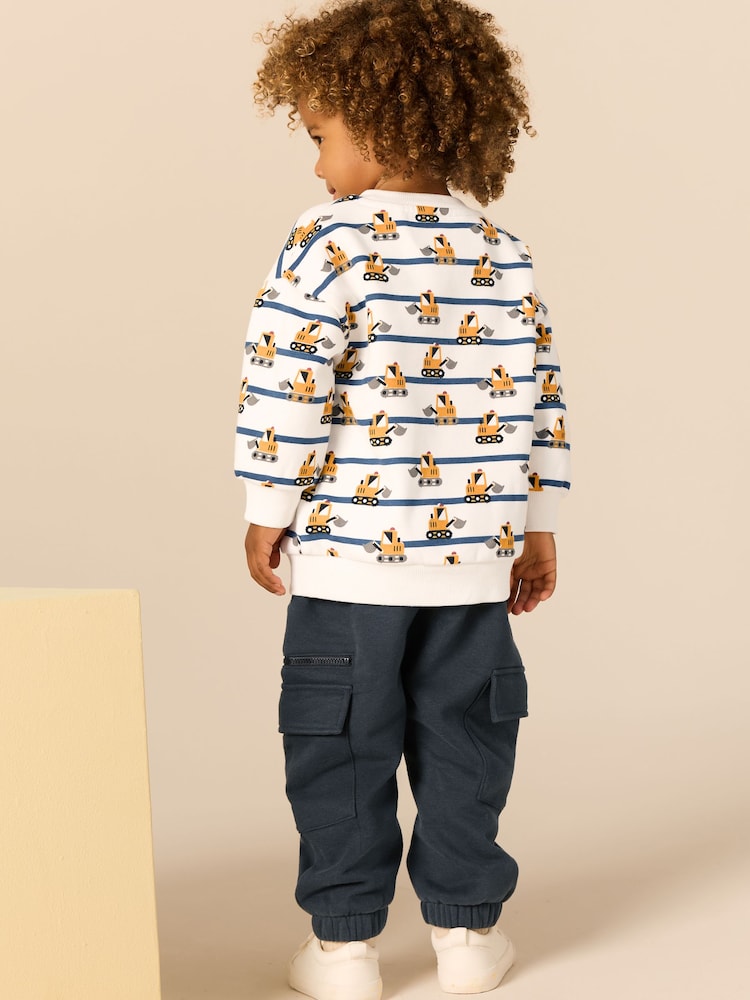 White and Navy Blue Striped Digger Sweatshirt and Utility Joggers 2 Piece Set (3mths-7yrs) - Image 2 of 9