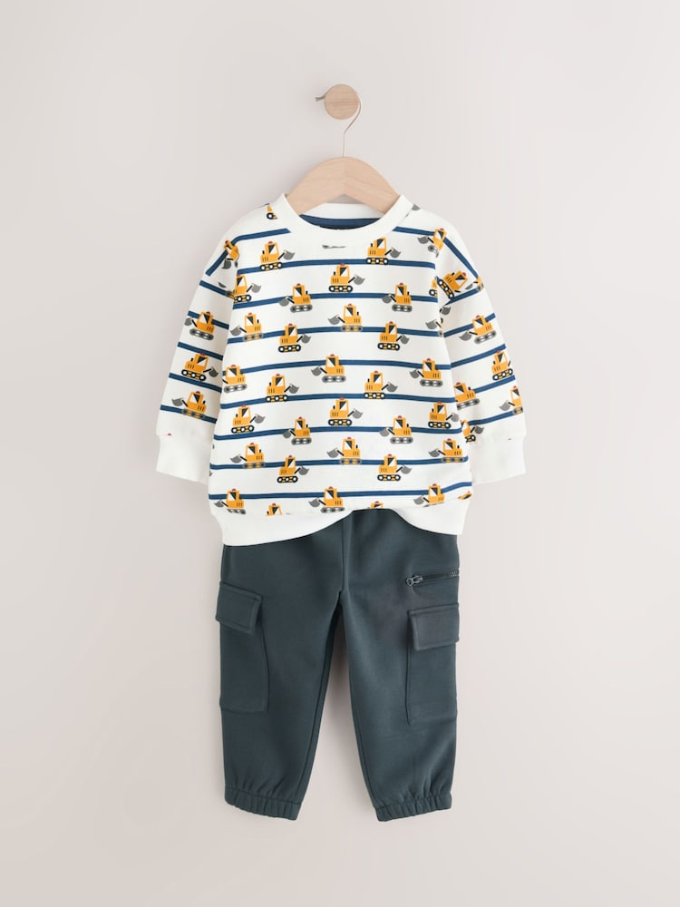 White and Navy Blue Striped Digger Sweatshirt and Utility Joggers 2 Piece Set (3mths-7yrs) - Image 6 of 9