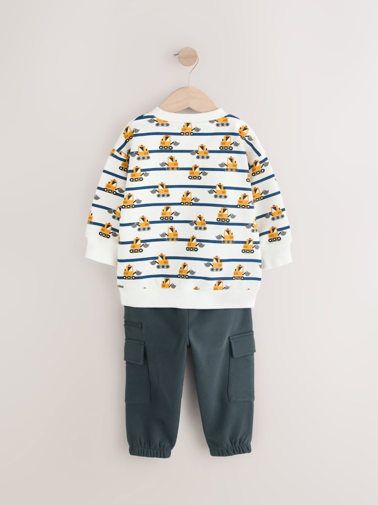 White and Navy Blue Striped Digger Sweatshirt and Utility Joggers 2 Piece Set (3mths-7yrs) - Image 7 of 9