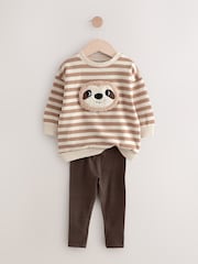 Brown and Off White Stripe Jersey Sweatshirt and Leggings Set (3mths-7yrs) - Image 2 of 5
