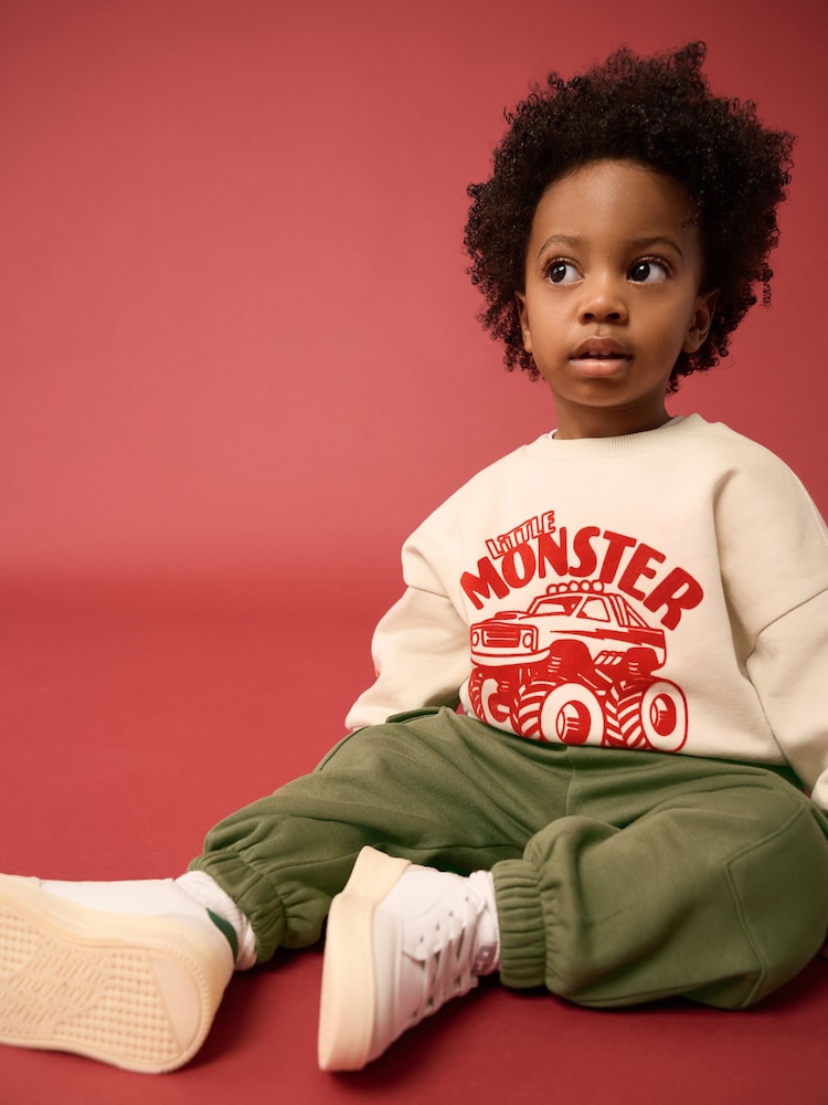 Ecru Monster Truck Back Print Sweatshirt and Utility Joggers 2 Piece Set (3mths-7yrs) - Image 1 of 11