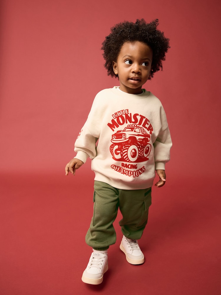 Ecru Monster Truck Back Print Sweatshirt and Utility Joggers 2 Piece Set (3mths-7yrs) - Image 2 of 11