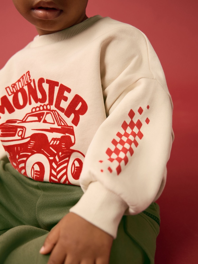 Ecru Monster Truck Back Print Sweatshirt and Utility Joggers 2 Piece Set (3mths-7yrs) - Image 6 of 11