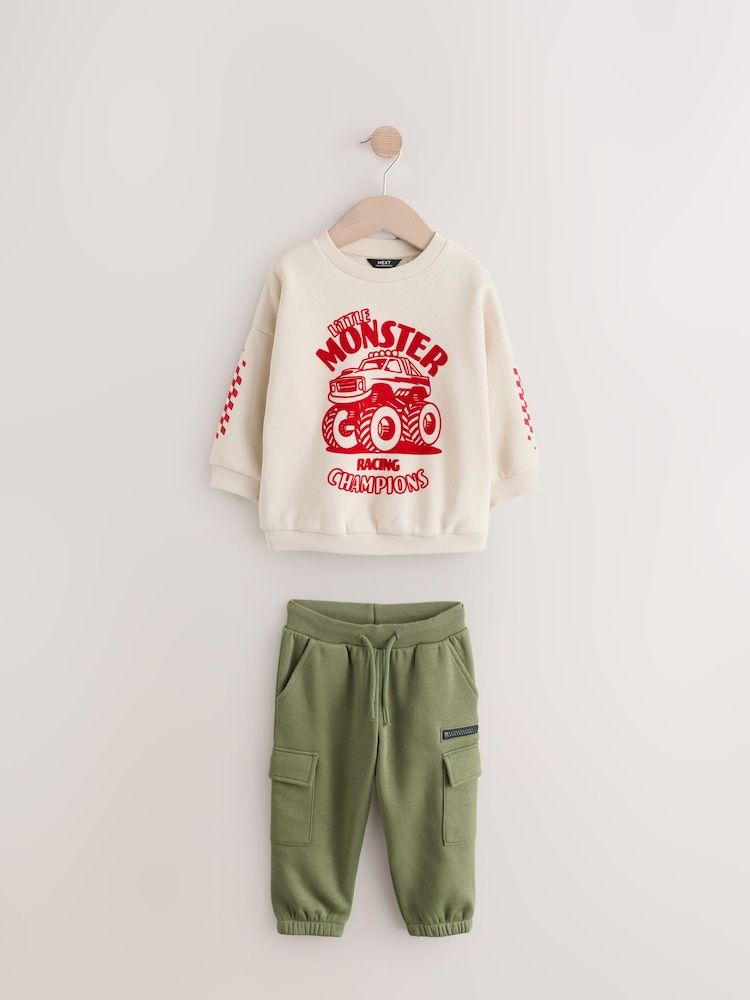 Ecru Monster Truck Back Print Sweatshirt and Utility Joggers 2 Piece Set (3mths-7yrs) - Image 7 of 11