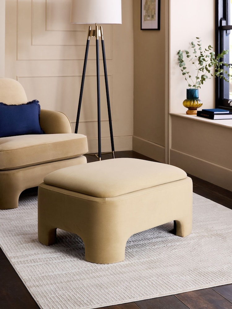 Soft Velvet Camel Brown Ebony Storage Footstool - Image 1 of 12