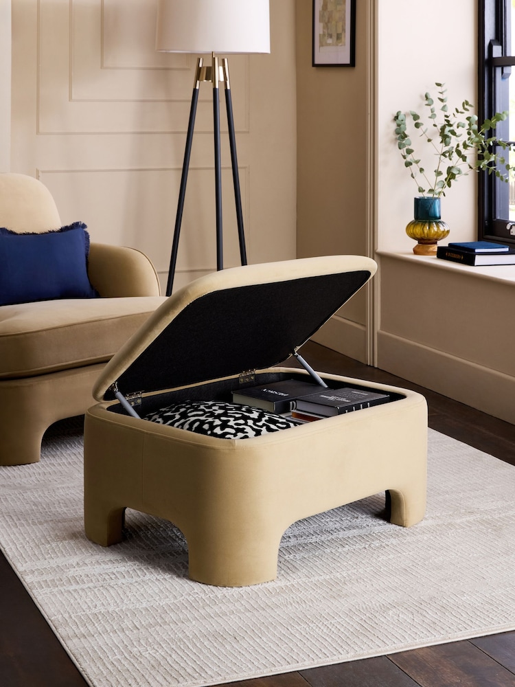 Soft Velvet Camel Brown Ebony Storage Footstool - Image 2 of 12