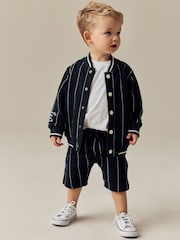 Navy Blue Stripe 100% Cotton Jersey Letterman Jacket and Shorts Set (3mths-7yrs) - Image 1 of 10