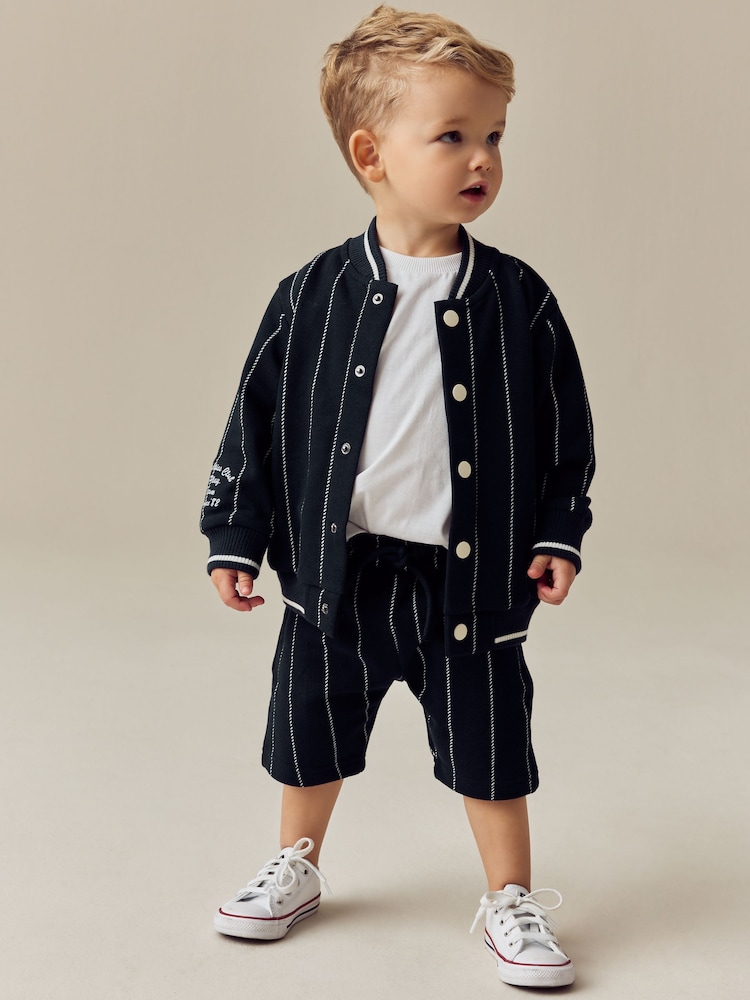Navy Blue Stripe 100% Cotton Jersey Letterman Jacket and Shorts Set (3mths-7yrs) - Image 1 of 10