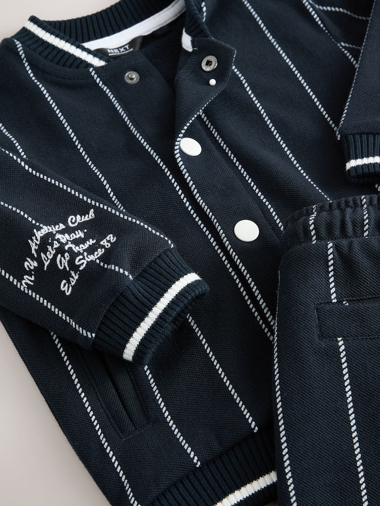 Navy Blue Stripe 100% Cotton Jersey Letterman Jacket and Shorts Set (3mths-7yrs) - Image 10 of 10