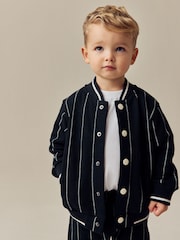 Navy Blue Stripe 100% Cotton Jersey Letterman Jacket and Shorts Set (3mths-7yrs) - Image 2 of 10