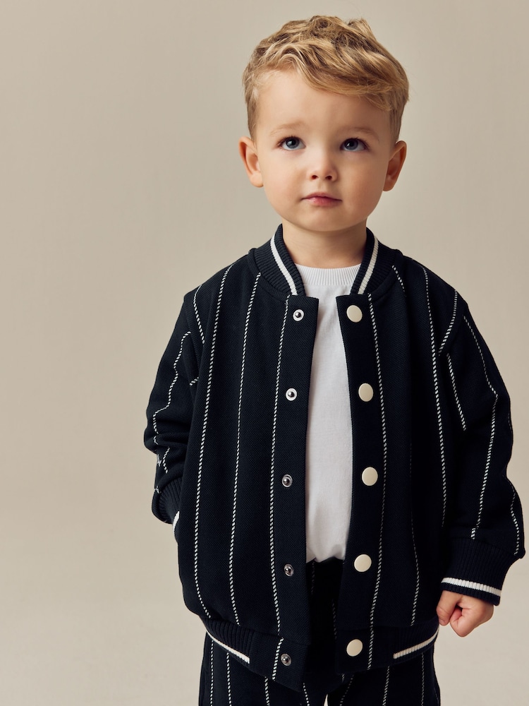Navy Blue Stripe 100% Cotton Jersey Letterman Jacket and Shorts Set (3mths-7yrs) - Image 2 of 10
