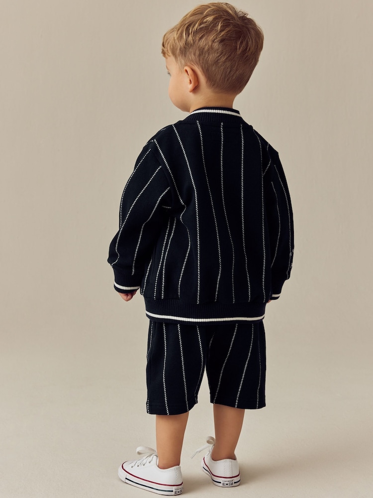 Navy Blue Stripe 100% Cotton Jersey Letterman Jacket and Shorts Set (3mths-7yrs) - Image 3 of 10