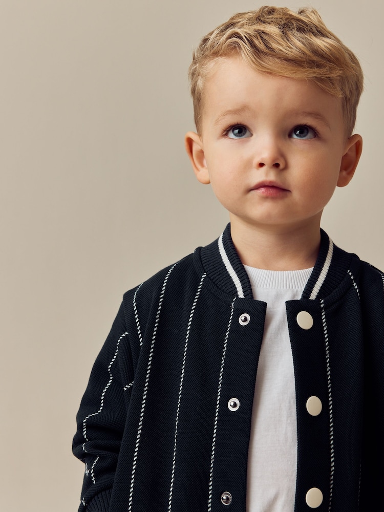 Navy Blue Stripe 100% Cotton Jersey Letterman Jacket and Shorts Set (3mths-7yrs) - Image 4 of 10