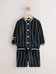 Navy Blue Stripe 100% Cotton Jersey Letterman Jacket and Shorts Set (3mths-7yrs) - Image 6 of 10