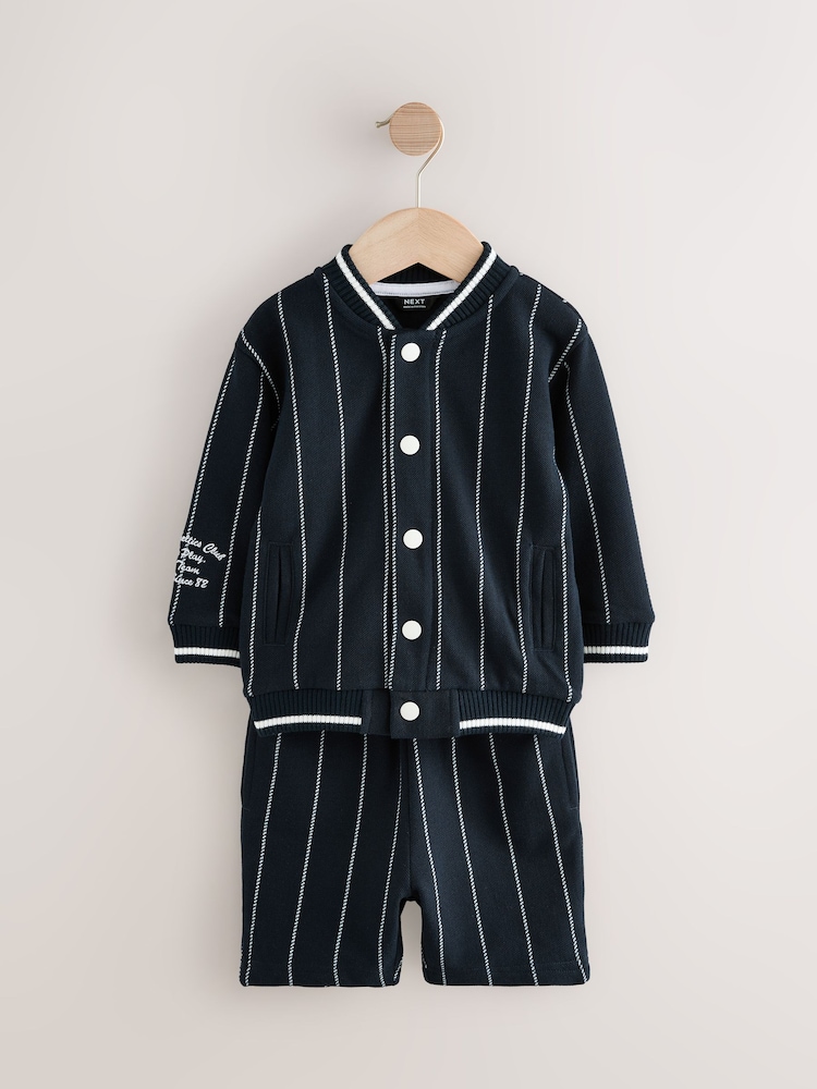 Navy Blue Stripe 100% Cotton Jersey Letterman Jacket and Shorts Set (3mths-7yrs) - Image 6 of 10