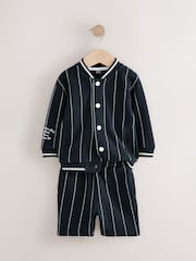 Navy Blue Stripe 100% Cotton Jersey Letterman Jacket and Shorts Set (3mths-7yrs) - Image 7 of 10