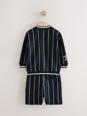 Navy Blue Stripe 100% Cotton Jersey Letterman Jacket and Shorts Set (3mths-7yrs) - Image 8 of 10