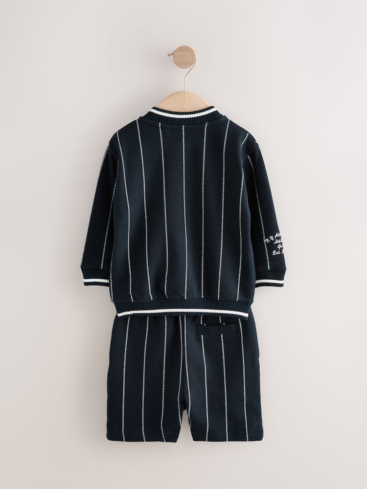 Navy Blue Stripe 100% Cotton Jersey Letterman Jacket and Shorts Set (3mths-7yrs) - Image 8 of 10
