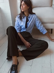 Chocolate Brown Stay Smart Wide Leg Linen Rich Trousers - Image 3 of 9