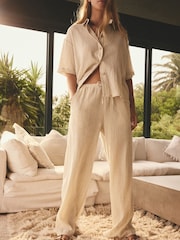 Neutral Wide Leg Textured Co-ord Trousers with Linen - Image 2 of 7
