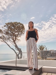 Ecru Stripe Tie Waist Wide Leg Linen Blend Trousers - Image 1 of 7
