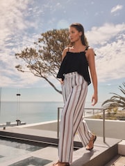 Ecru Stripe Tie Waist Wide Leg Linen Blend Trousers - Image 2 of 7
