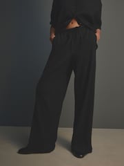 Black Wide Leg Textured Co-ord Trousers with Linen - Image 3 of 8
