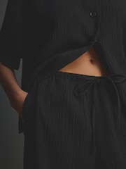 Black Wide Leg Textured Co-ord Trousers with Linen - Image 5 of 8