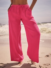Bright Pink Wide Leg Textured Co-ord Trousers with Linen - Image 2 of 7