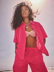 Bright Pink Wide Leg Textured Co-ord Trousers with Linen - Image 4 of 7
